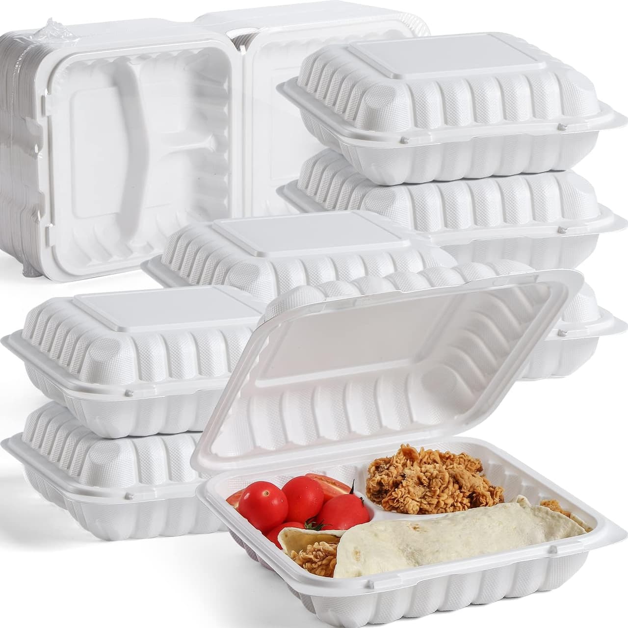 9" White 3-Compartment Clamshell Take Out Containers, 150ct.